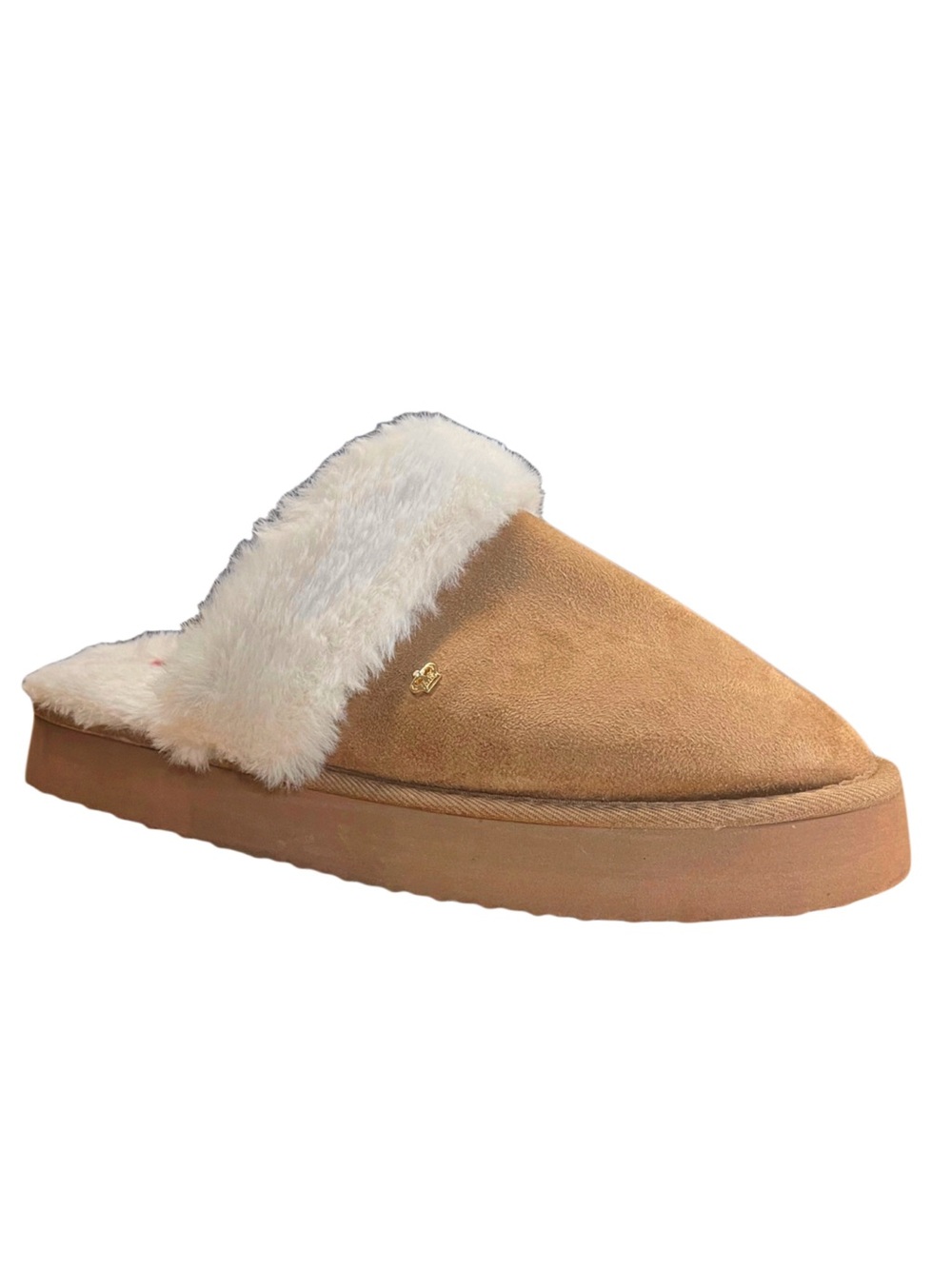 Juicy Couture Woman’s Tan Suede Fur-Lined Slip-On Slipper Sz 10